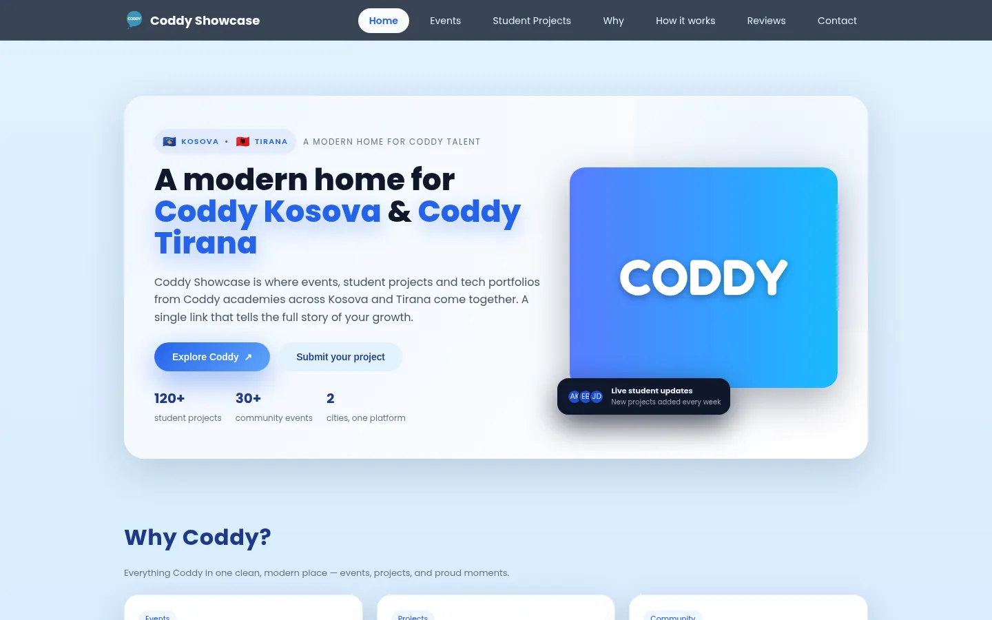 coddy-showcase.vercel.app homepage on desktop